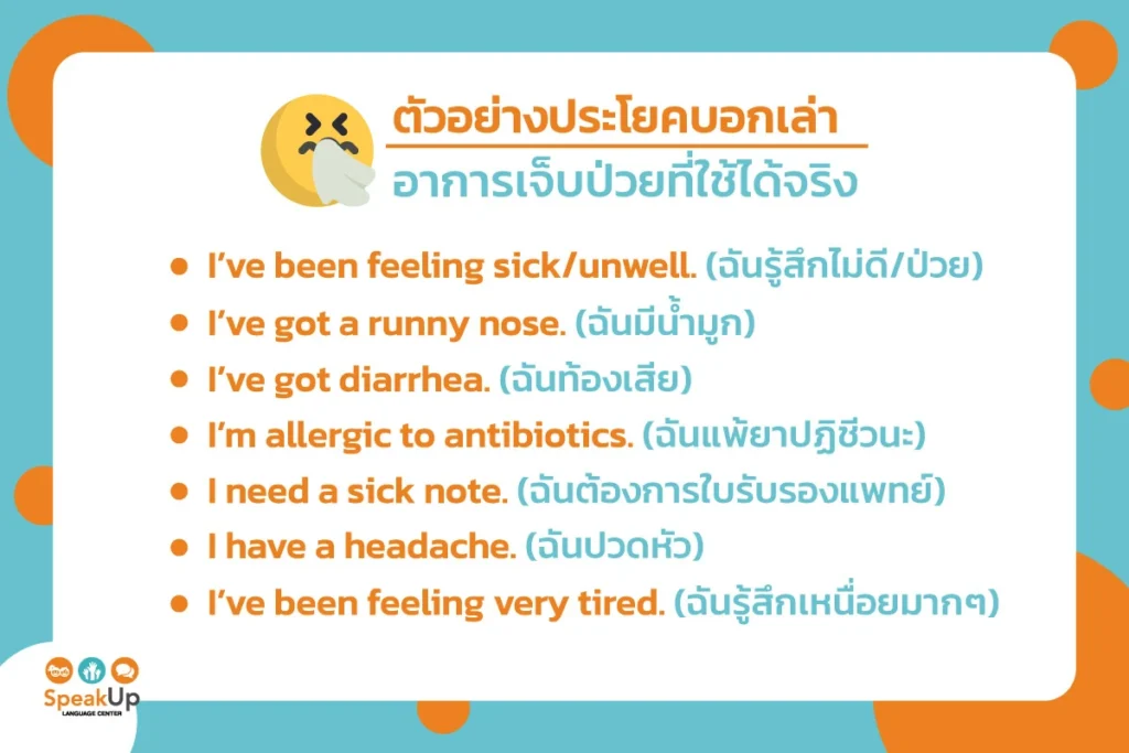 ตัวอย่างประโยคบอกเล่าอาการเจ็บป่วยที่ใช้ได้จริง